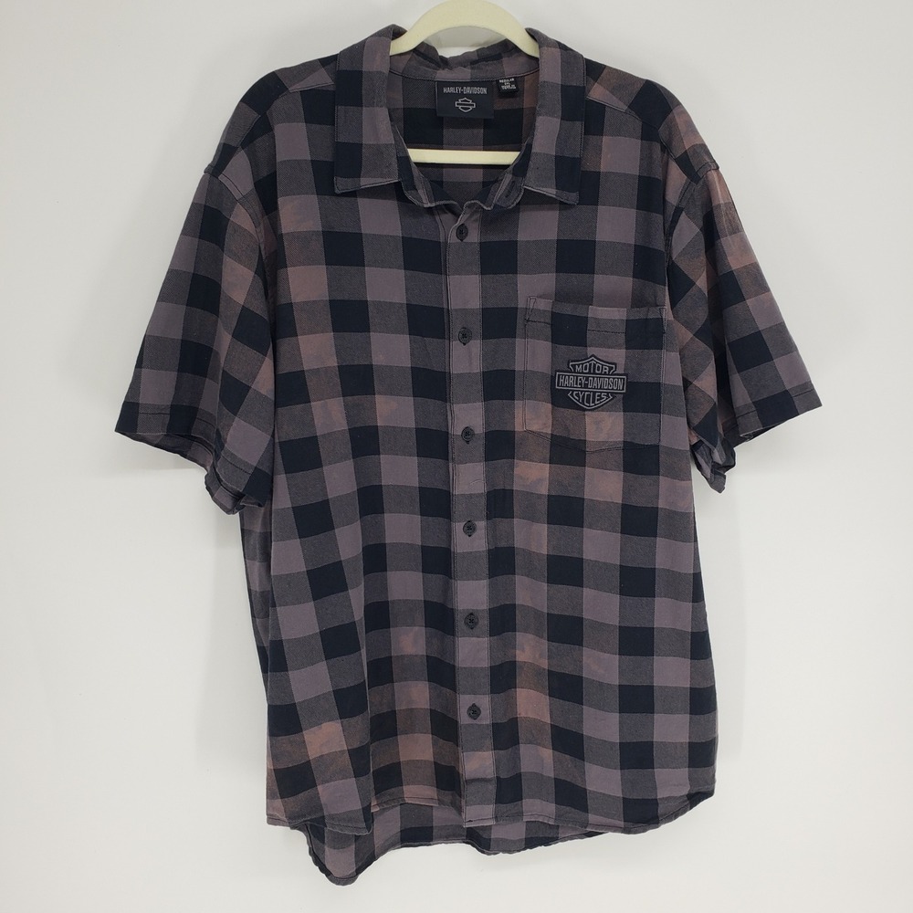 Harley-Davidson Buffalo Plaid Button Up Shirt Mens 2XL Grey Black Distressed